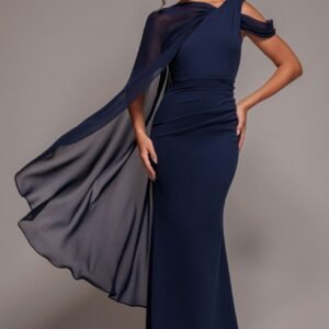Goddiva One Shoulder Chiffon Cape Crepe Maxi Dress - Navy Blue