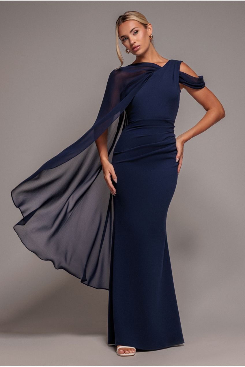 Goddiva One Shoulder Chiffon Cape Crepe Maxi Dress – Navy Blue
