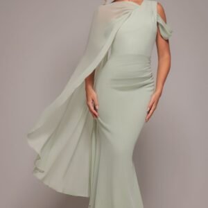 Goddiva One Shoulder Chiffon Cape Crepe Maxi Dress - Sage Green