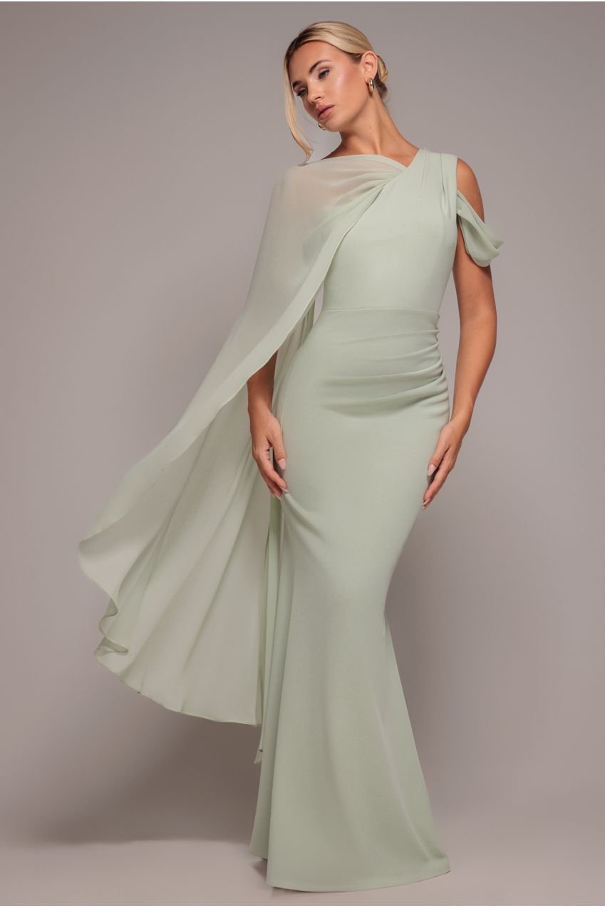 Goddiva One Shoulder Chiffon Cape Crepe Maxi Dress – Sage Green