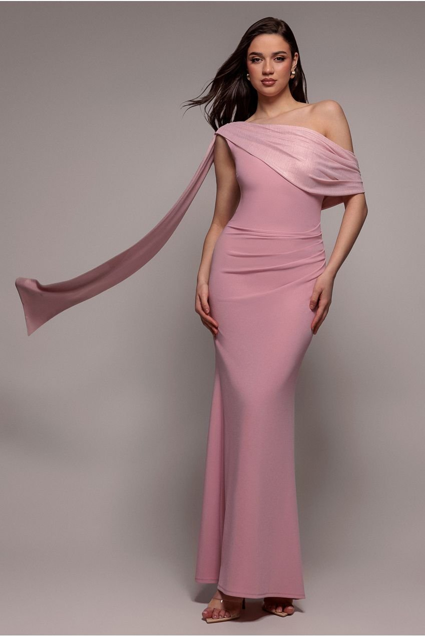Goddiva Lurex Pleated Bardot One Shoulder Cape Maxi Dress – Blush Pink