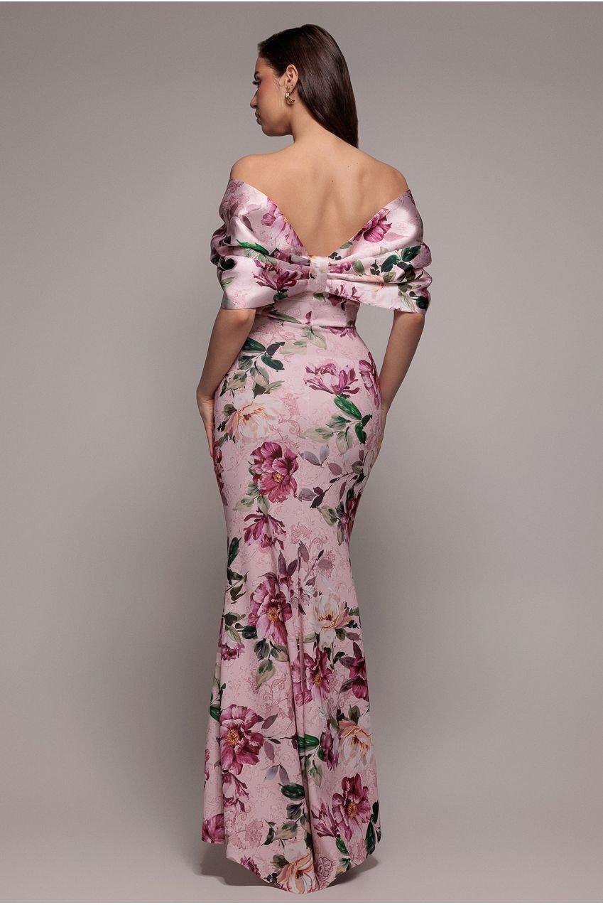 Goddiva Off Shoulder Floral Bow Back Maxi Dress – Blush Pink