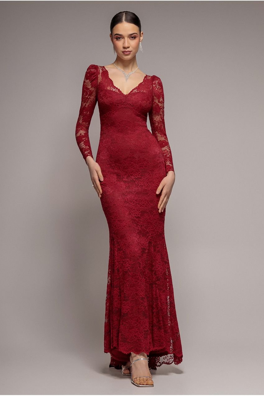 Goddiva Fit & Flare Scallop Lace V Neck Maxi Dress – Burgundy