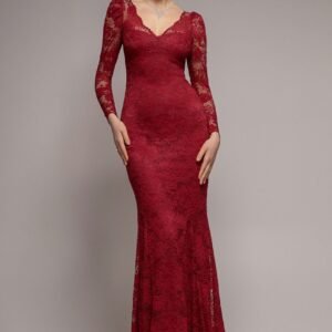 Goddiva Fit & Flare Scallop Lace V Neck Maxi Dress - Burgundy
