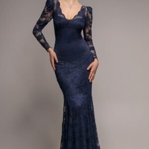 Goddiva Fit & Flare Scallop Lace V Neck Maxi Dress - Navy Blue
