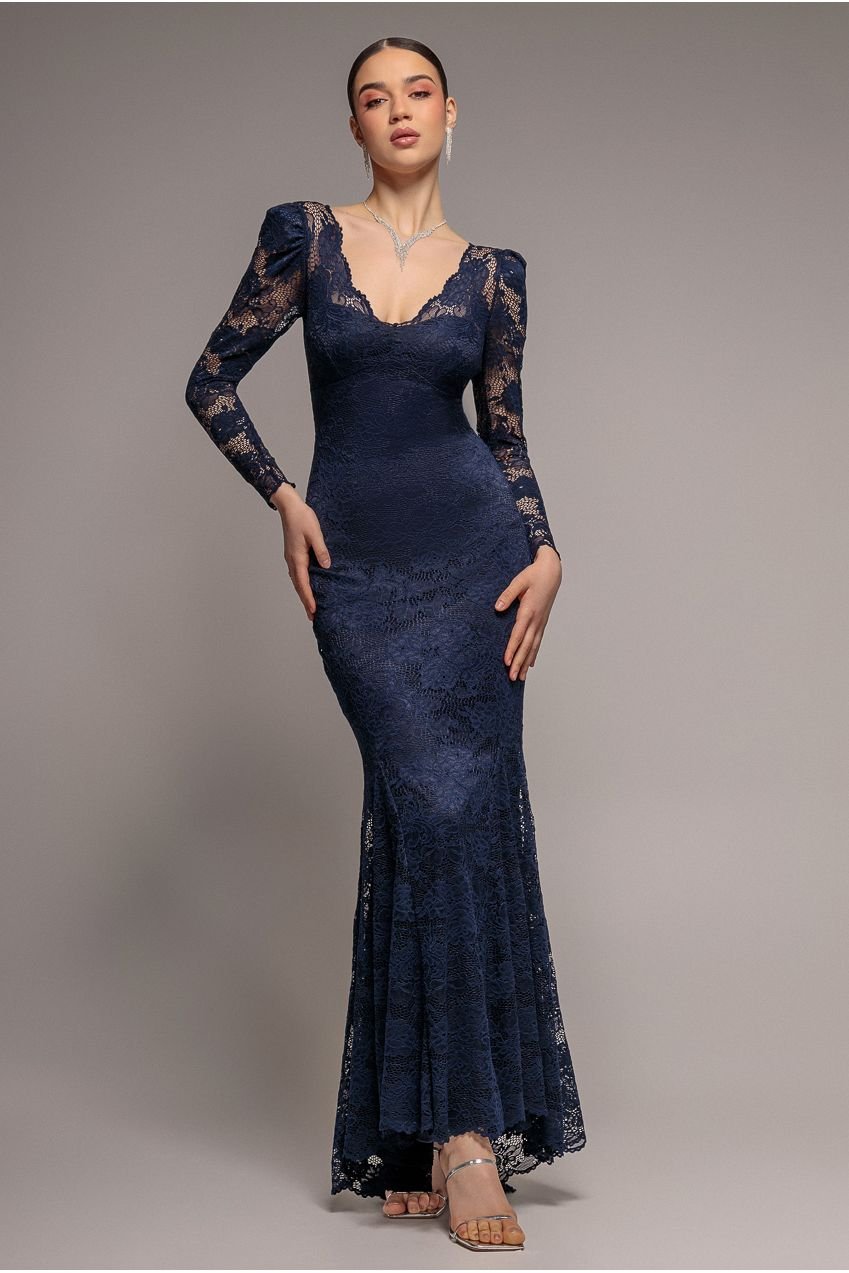 Goddiva Fit & Flare Scallop Lace V Neck Maxi Dress – Navy Blue