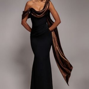 Goddiva Foil Chiffon Cowl One Shoulder Cape Maxi Dress - Black Bronze
