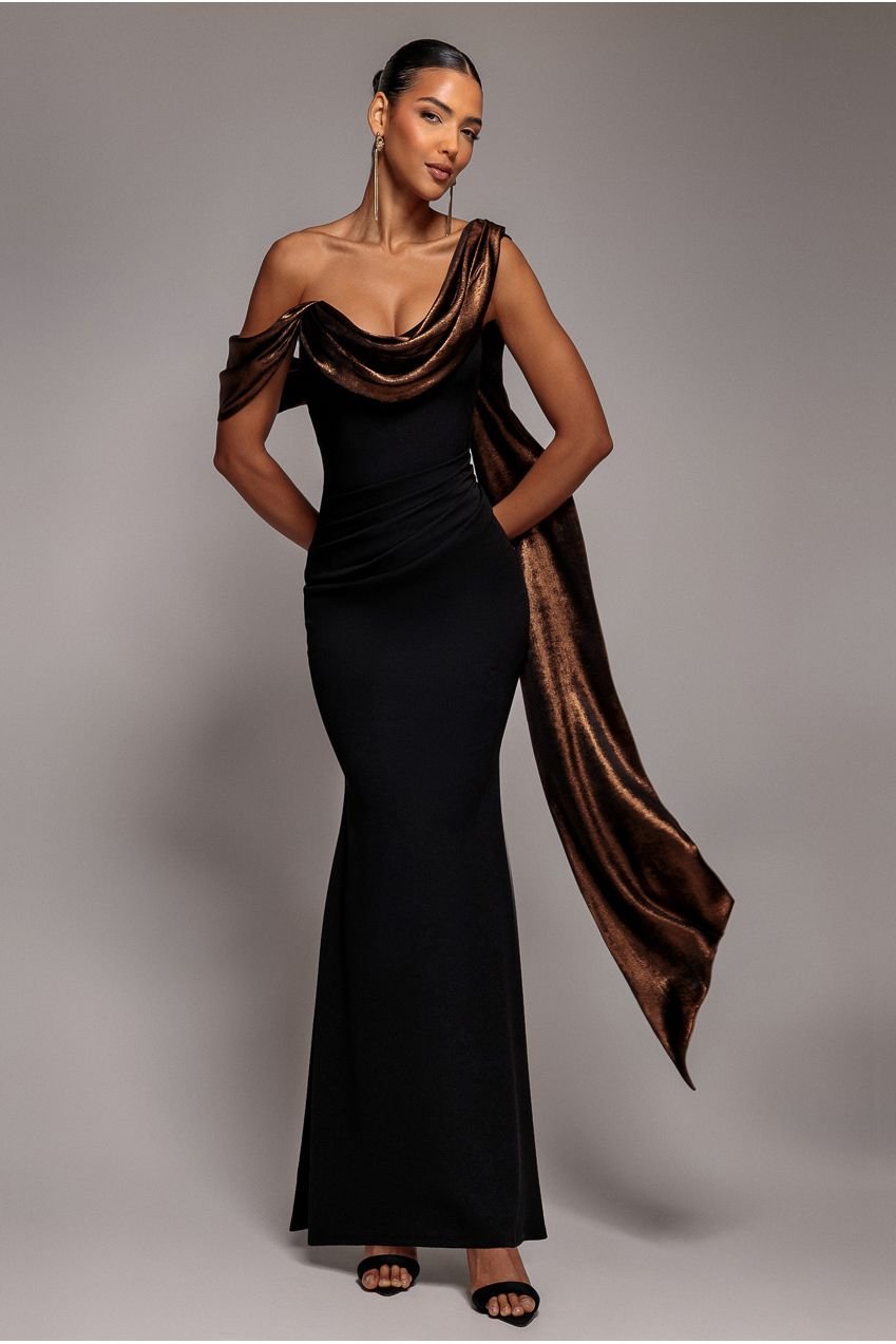 Goddiva Foil Chiffon Cowl One Shoulder Cape Maxi Dress – Black Bronze