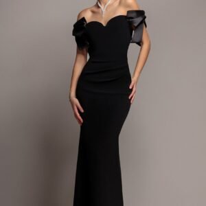 Goddiva Satin Bow Bardot Sheath Maxi Dress - Black