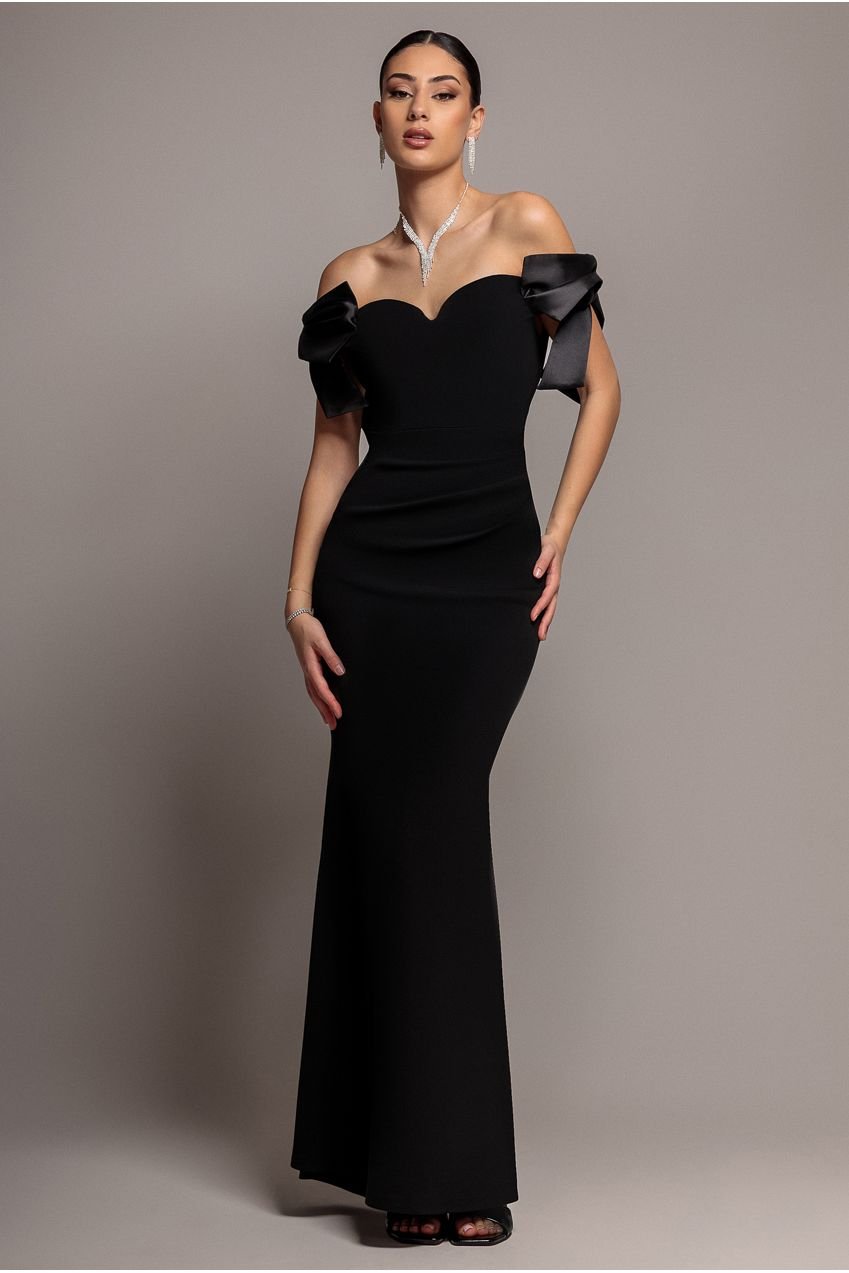 Goddiva Satin Bow Bardot Sheath Maxi Dress – Black