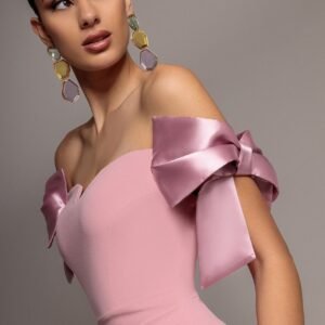 Goddiva Satin Bow Bardot Sheath Maxi Dress - Blush Pink
