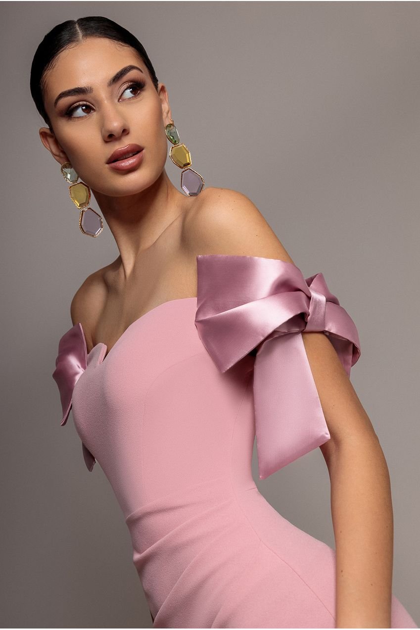 Goddiva Satin Bow Bardot Sheath Maxi Dress – Blush Pink