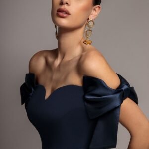 Goddiva Satin Bow Bardot Sheath Maxi Dress - Navy Blue