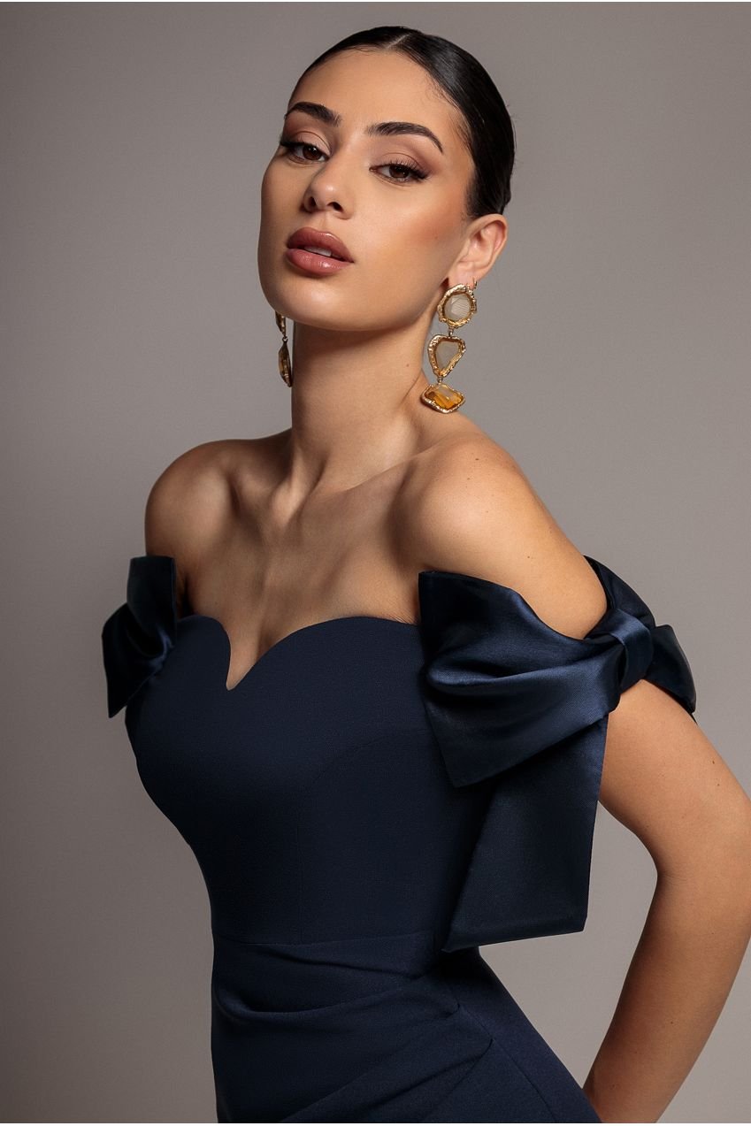 Goddiva Satin Bow Bardot Sheath Maxi Dress – Navy Blue