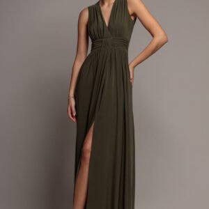 Goddiva Gathered Shoulder Wrap Neck Draped Waist Maxi Dress - Khaki