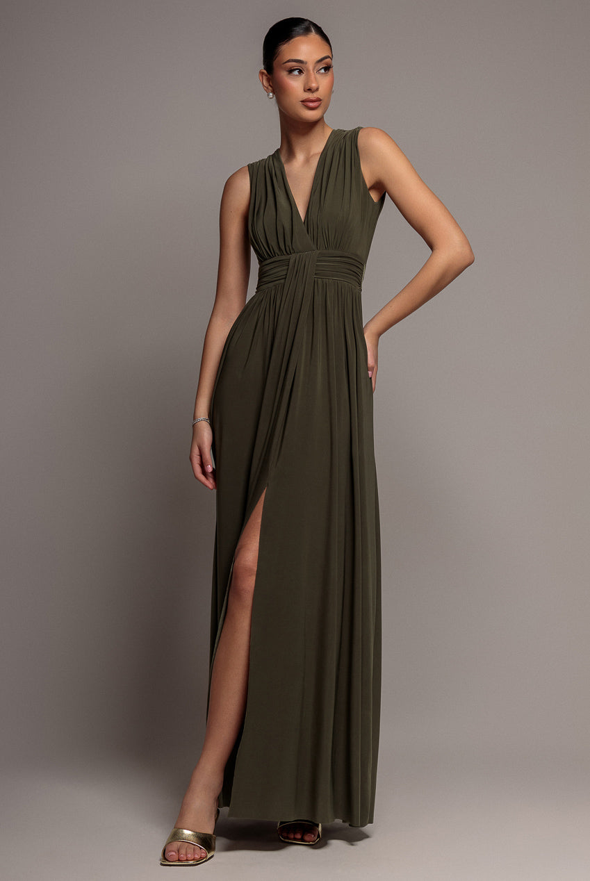 Goddiva Gathered Shoulder Wrap Neck Draped Waist Maxi Dress – Khaki