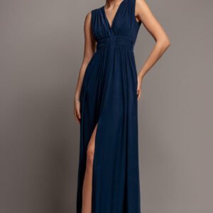 Goddiva Gathered Shoulder Wrap Neck Draped Waist Maxi Dress - Navy Blue