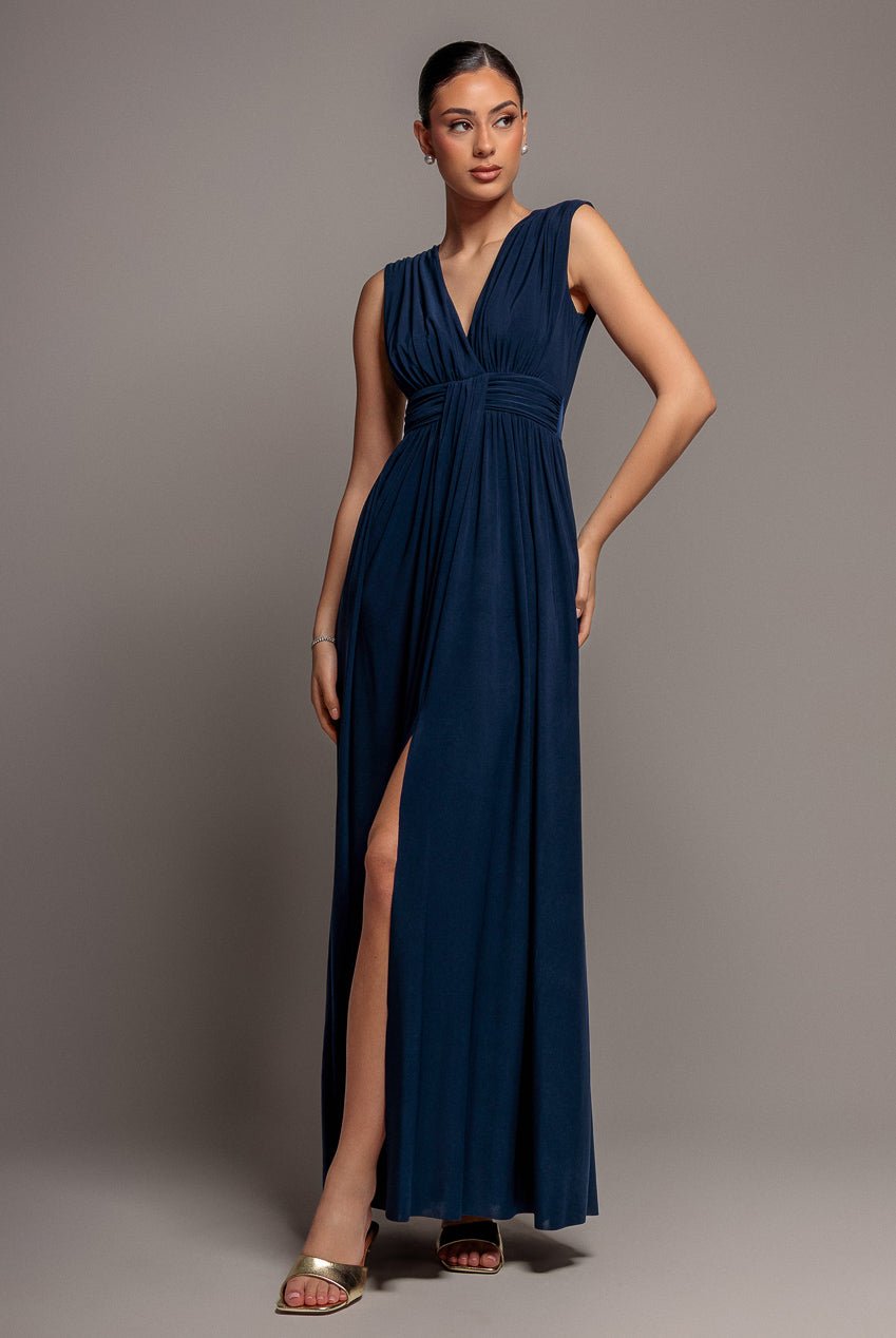 Goddiva Gathered Shoulder Wrap Neck Draped Waist Maxi Dress – Navy Blue