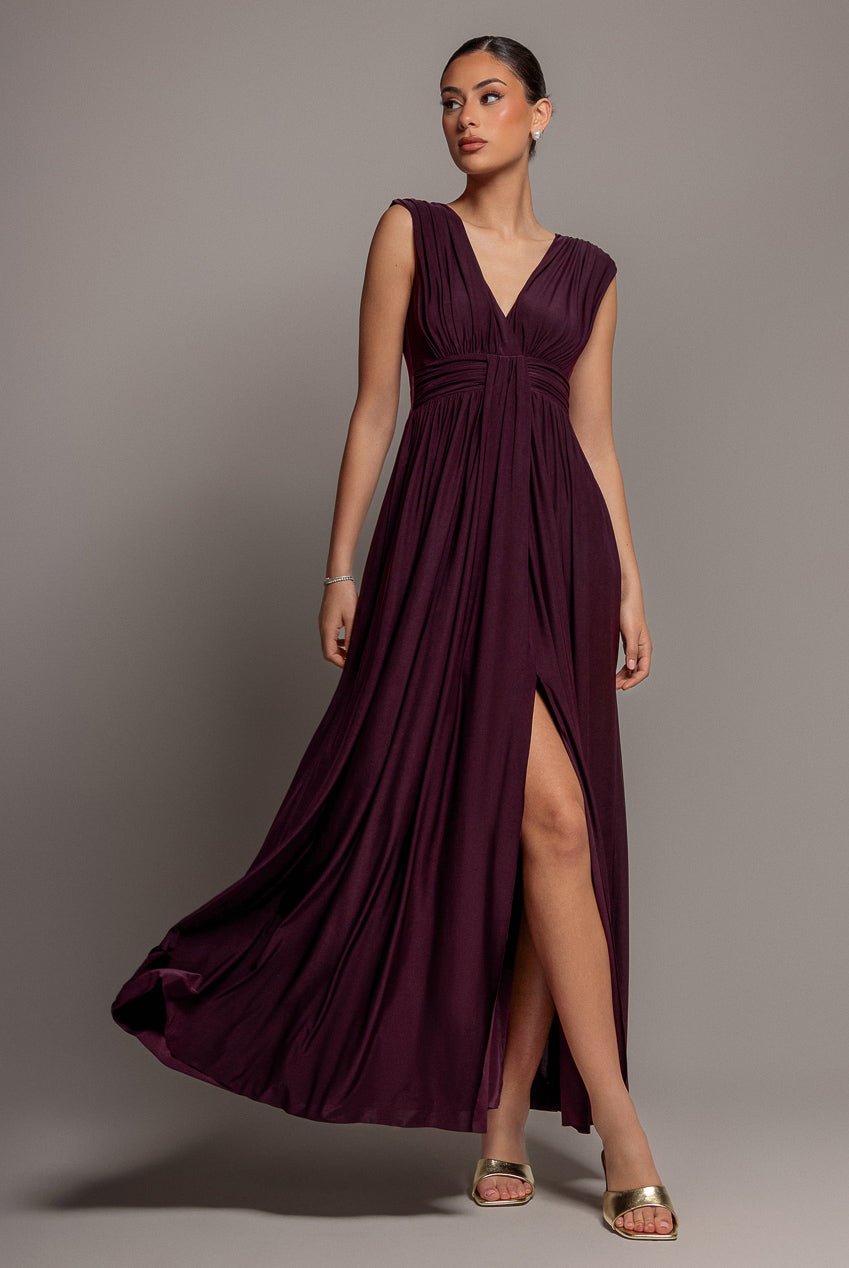 Goddiva Gathered Shoulder Wrap Neck Draped Waist Maxi Dress – Burgundy