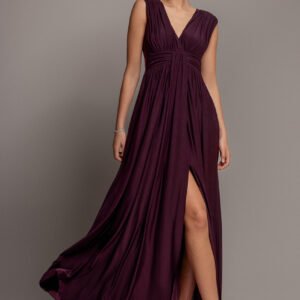 Goddiva Gathered Shoulder Wrap Neck Draped Waist Maxi Dress - Burgundy