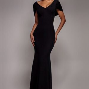Goddiva V Neck Cowl Back Pleated Sleeve Scuba Maxi Dress - Black