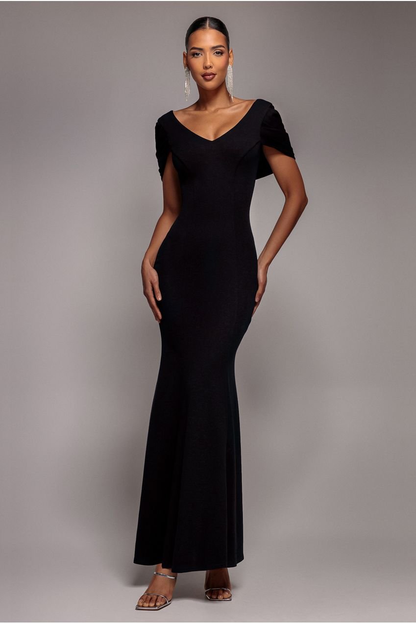 Goddiva V Neck Cowl Back Pleated Sleeve Scuba Maxi Dress – Black