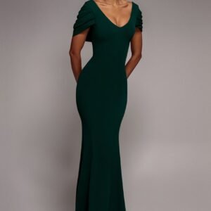 Goddiva V Neck Cowl Back Pleated Sleeve Scuba Maxi Dress - Emerald Green