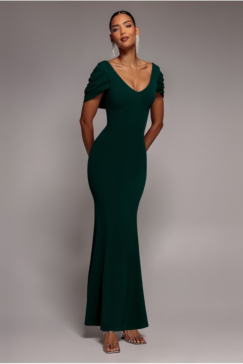 Goddiva V Neck Cowl Back Pleated Sleeve Scuba Maxi Dress – Emerald Green