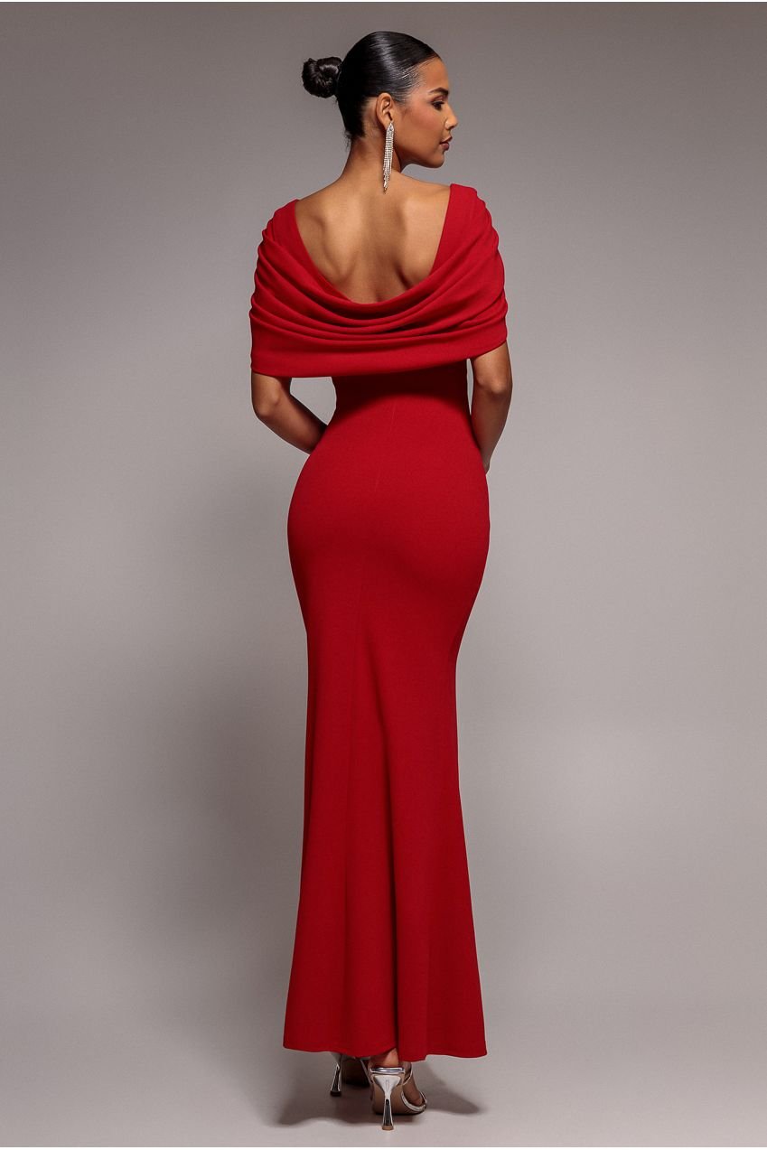 Goddiva V Neck Cowl Back Pleated Sleeve Scuba Maxi Dress – Red