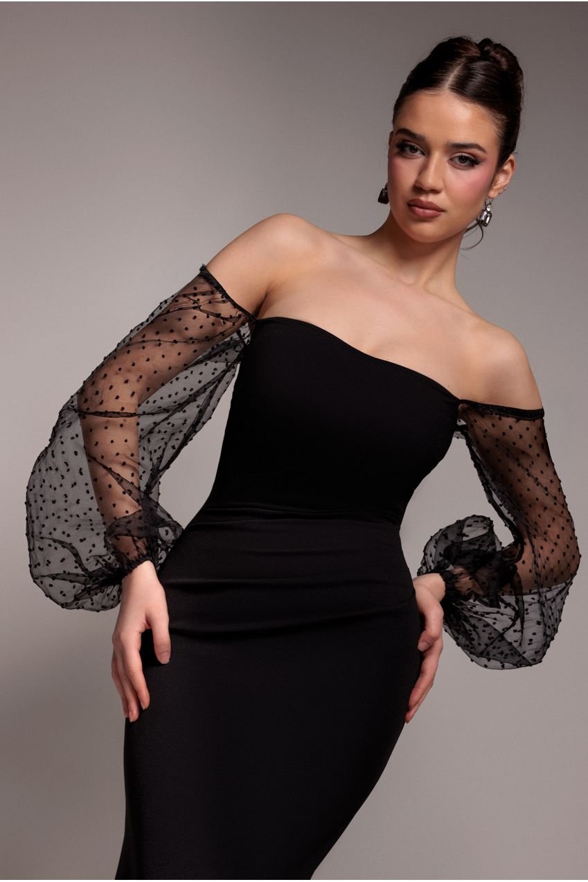 Goddiva Dobby Organza Bishop Sleeve Multiway Maxi Dress – Black