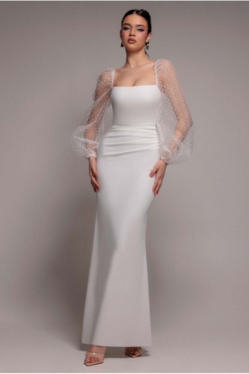 Goddiva Dobby Organza Bishop Sleeve Multiway Maxi Dress – White