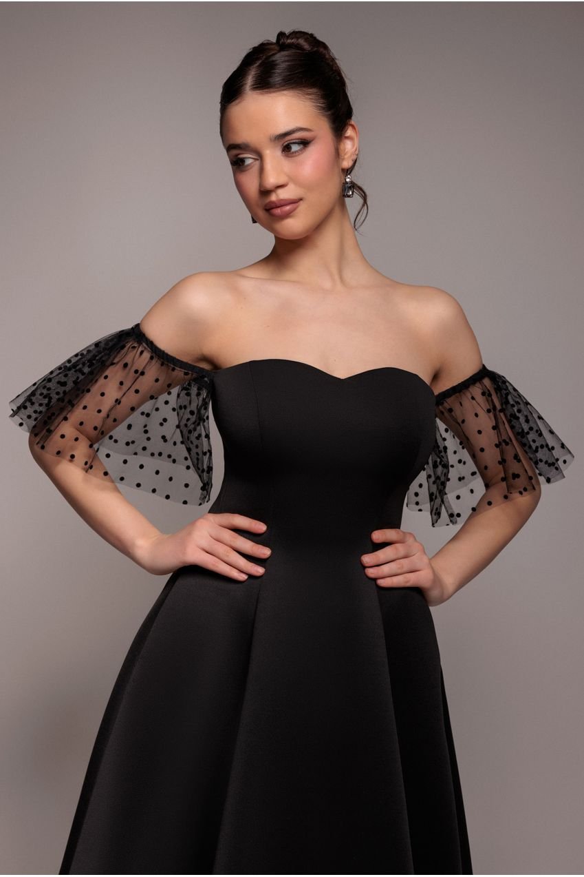Goddiva Scuba & Polka Mesh Off The Shoulder Midi Dress – Black