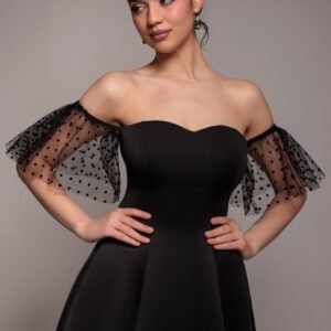 Goddiva Scuba & Polka Mesh Off The Shoulder Midi Dress - Black