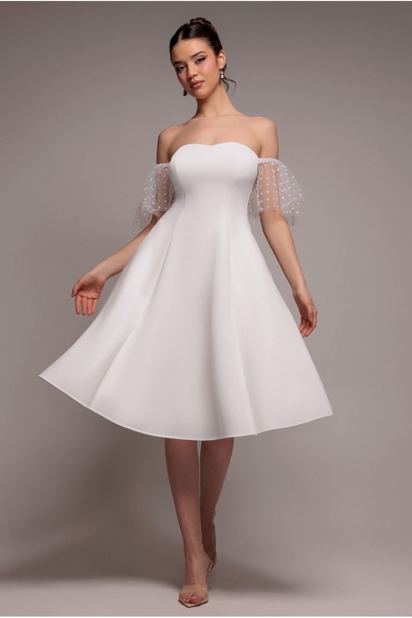 Goddiva Scuba & Polka Mesh Off The Shoulder Midi Dress – White