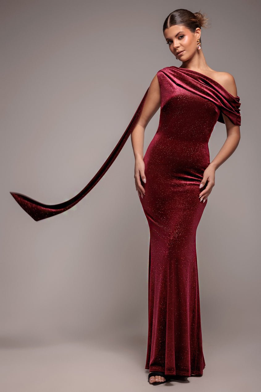 Goddiva Glitter Velvet Sash One Shoulder Bardot Maxi Dress – Wine