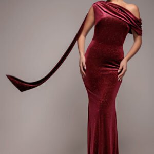 Goddiva Glitter Velvet Sash One Shoulder Bardot Maxi Dress - Wine