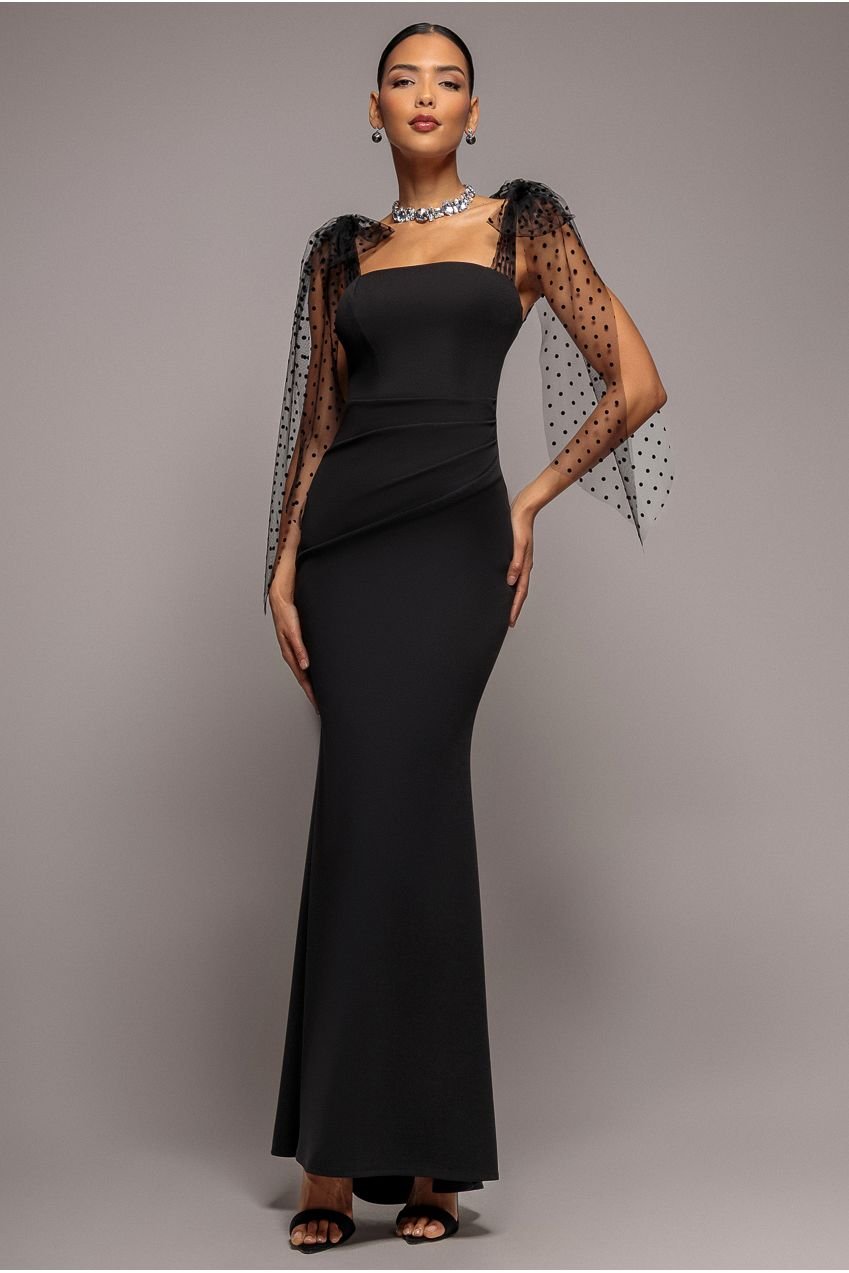 Goddiva Scuba & Polka Mesh Bella Bow Multiway Maxi Dress – Black