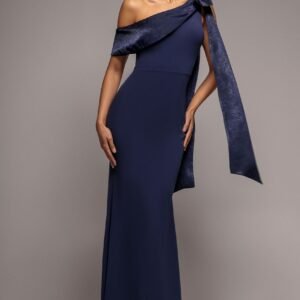 Goddiva One Shoulder Soft Satin Bow Cape Maxi Dress - Navy Blue