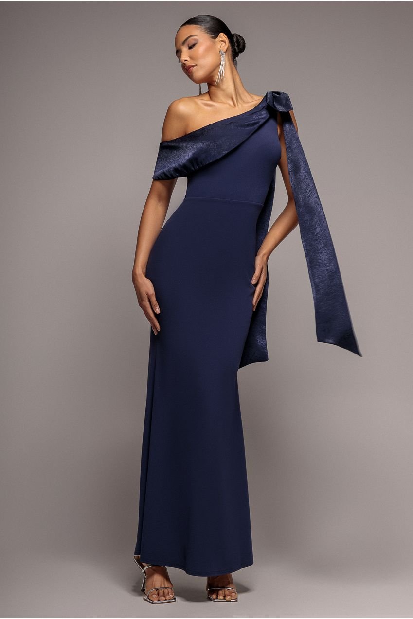 Goddiva One Shoulder Soft Satin Bow Cape Maxi Dress – Navy Blue