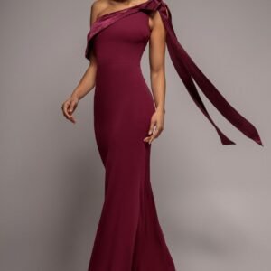 Goddiva One Shoulder Soft Satin Bow Cape Maxi Dress - Burgundy