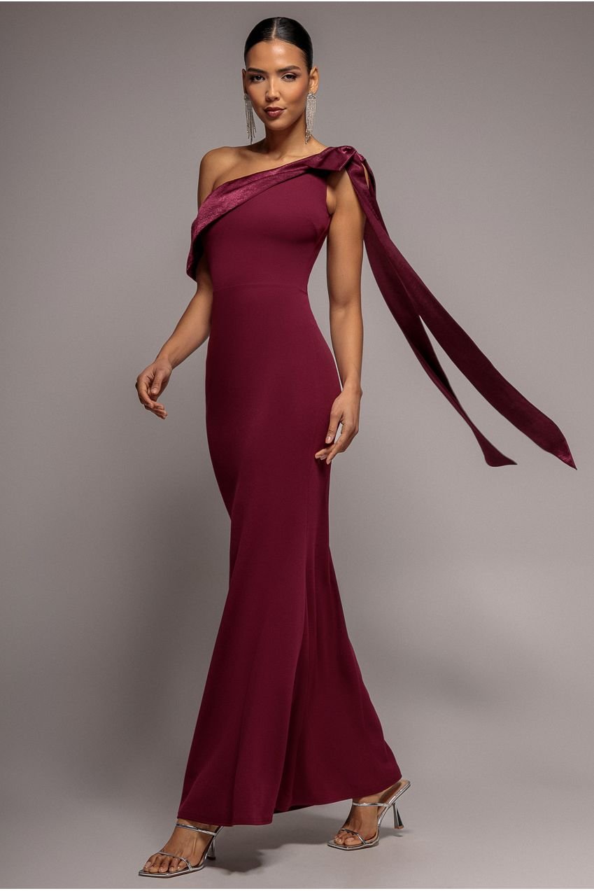 Goddiva One Shoulder Soft Satin Bow Cape Maxi Dress – Burgundy