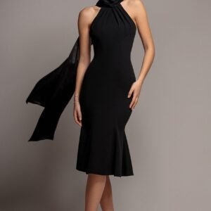 Goddiva Scuba & Soft Satin Halterneck Midi Dress With Back Sash - Black