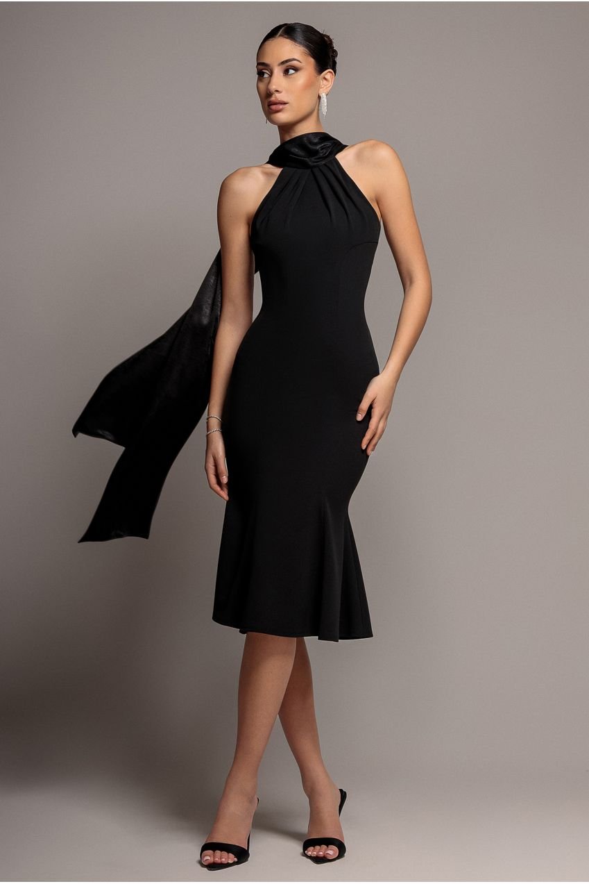 Goddiva Scuba & Soft Satin Halterneck Midi Dress With Back Sash – Black