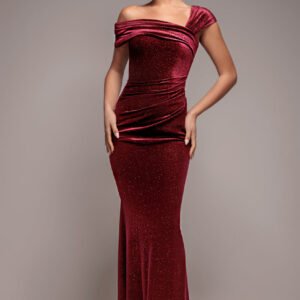 Goddiva Glitter Velvet One Shoulder Maxi Dress - Wine