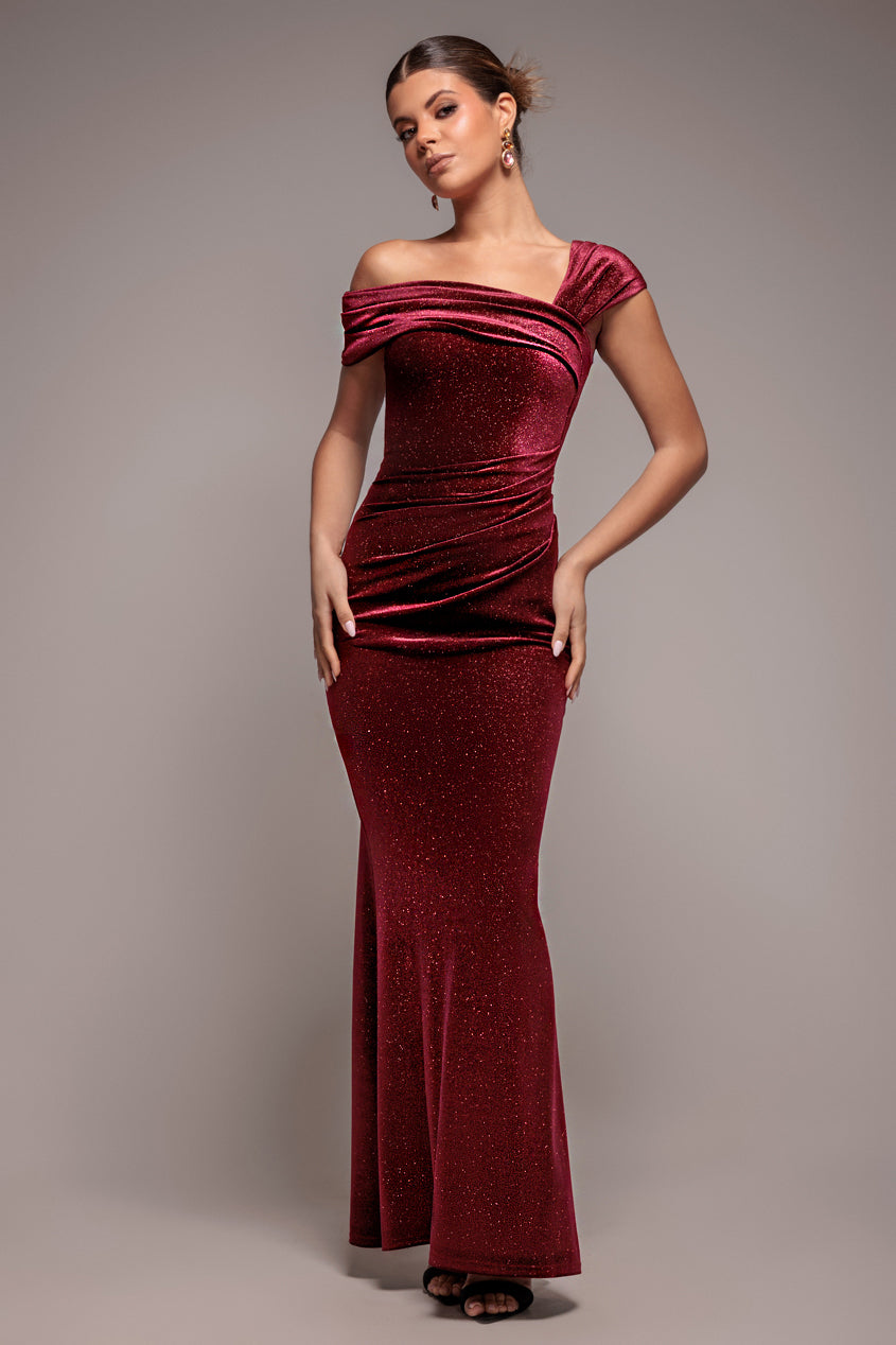 Goddiva Glitter Velvet One Shoulder Maxi Dress – Wine