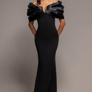 Goddiva Satin Plunge Neck Bardot Scuba Maxi Dress - Black