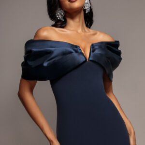 Goddiva Satin Plunge Neck Bardot Scuba Maxi Dress - Navy Blue