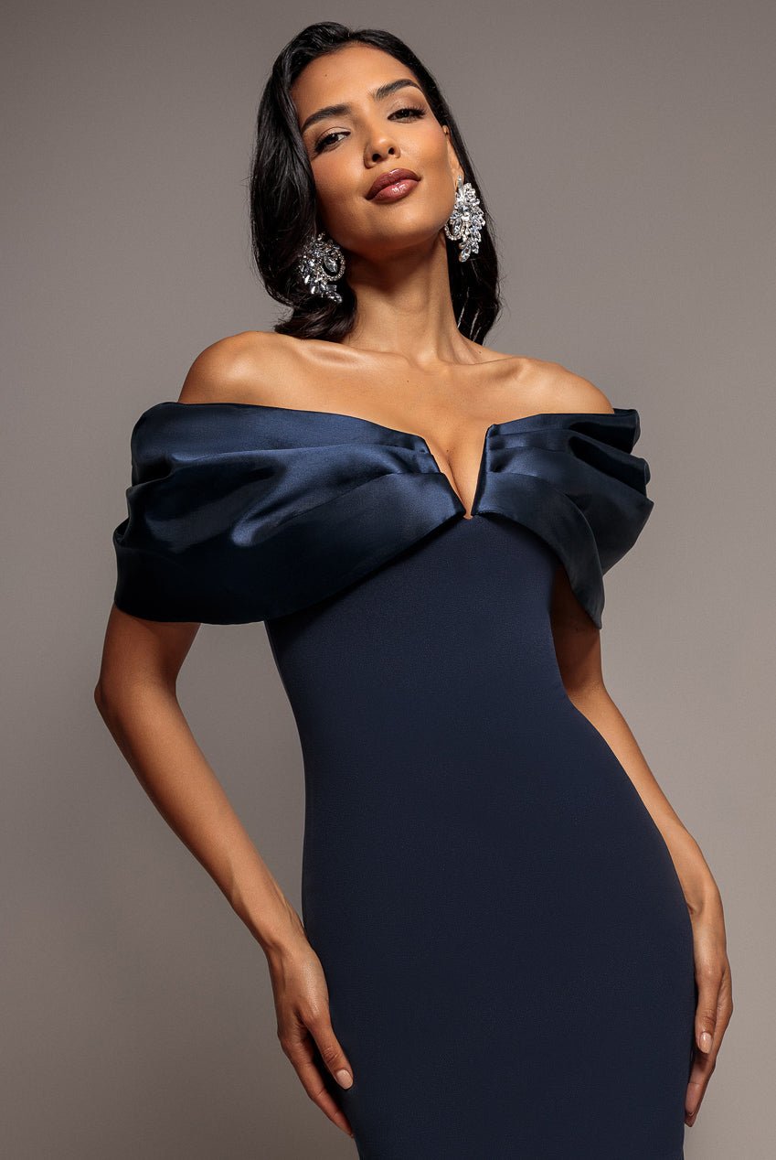 Goddiva Satin Plunge Neck Bardot Scuba Maxi Dress – Navy Blue