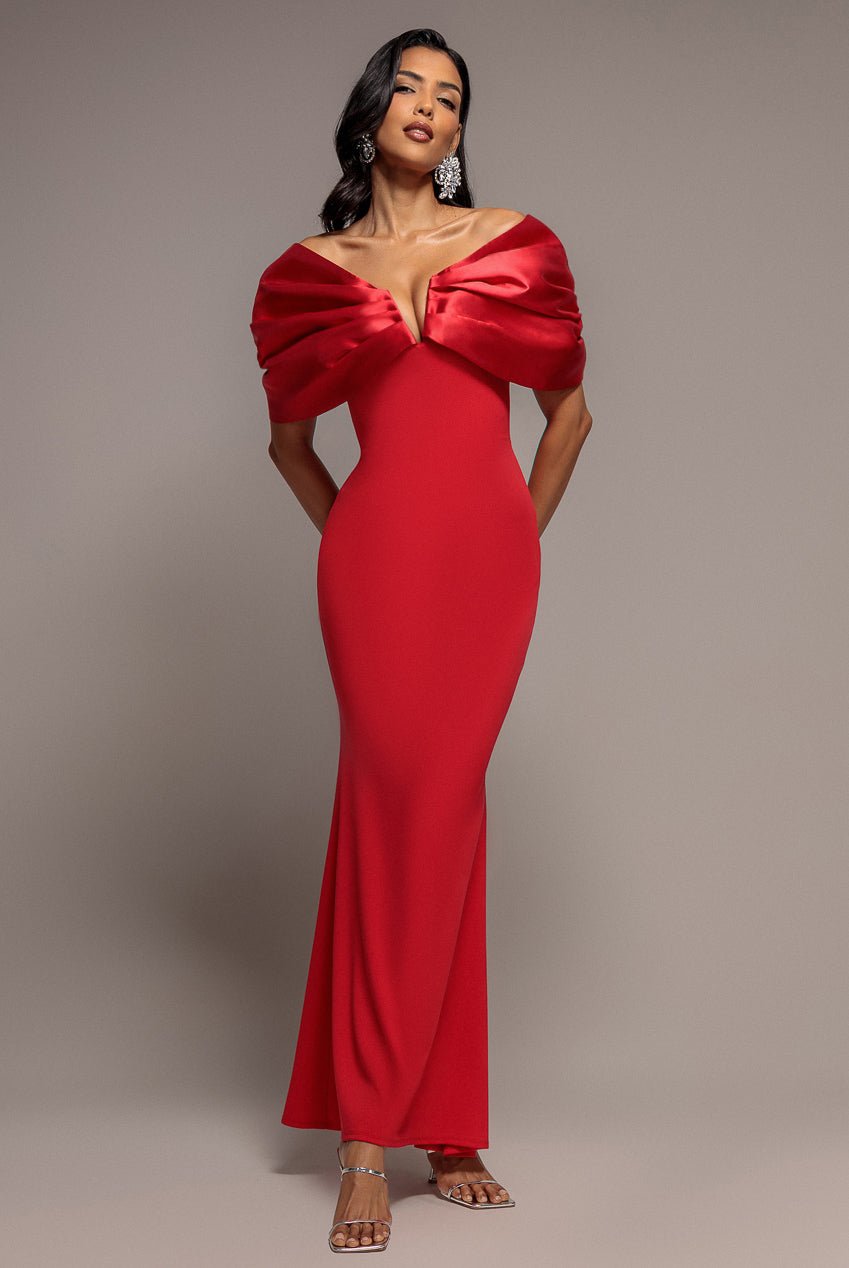 Goddiva Satin Plunge Neck Bardot Scuba Maxi Dress – Red