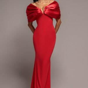 Goddiva Satin Plunge Neck Bardot Scuba Maxi Dress - Red